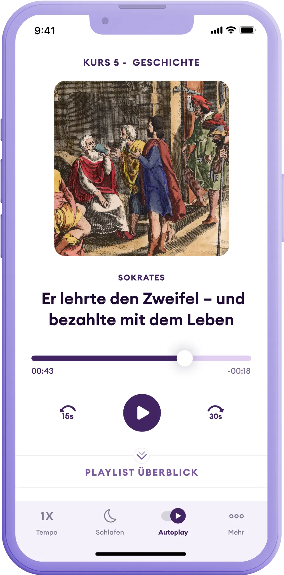 Smartphone-Screen zeigt eine Geschichte über Sokrates in der Yuno-App, mit dem Titel 'Er lehrte den Zweifel - und bezahlte mit dem Leben'