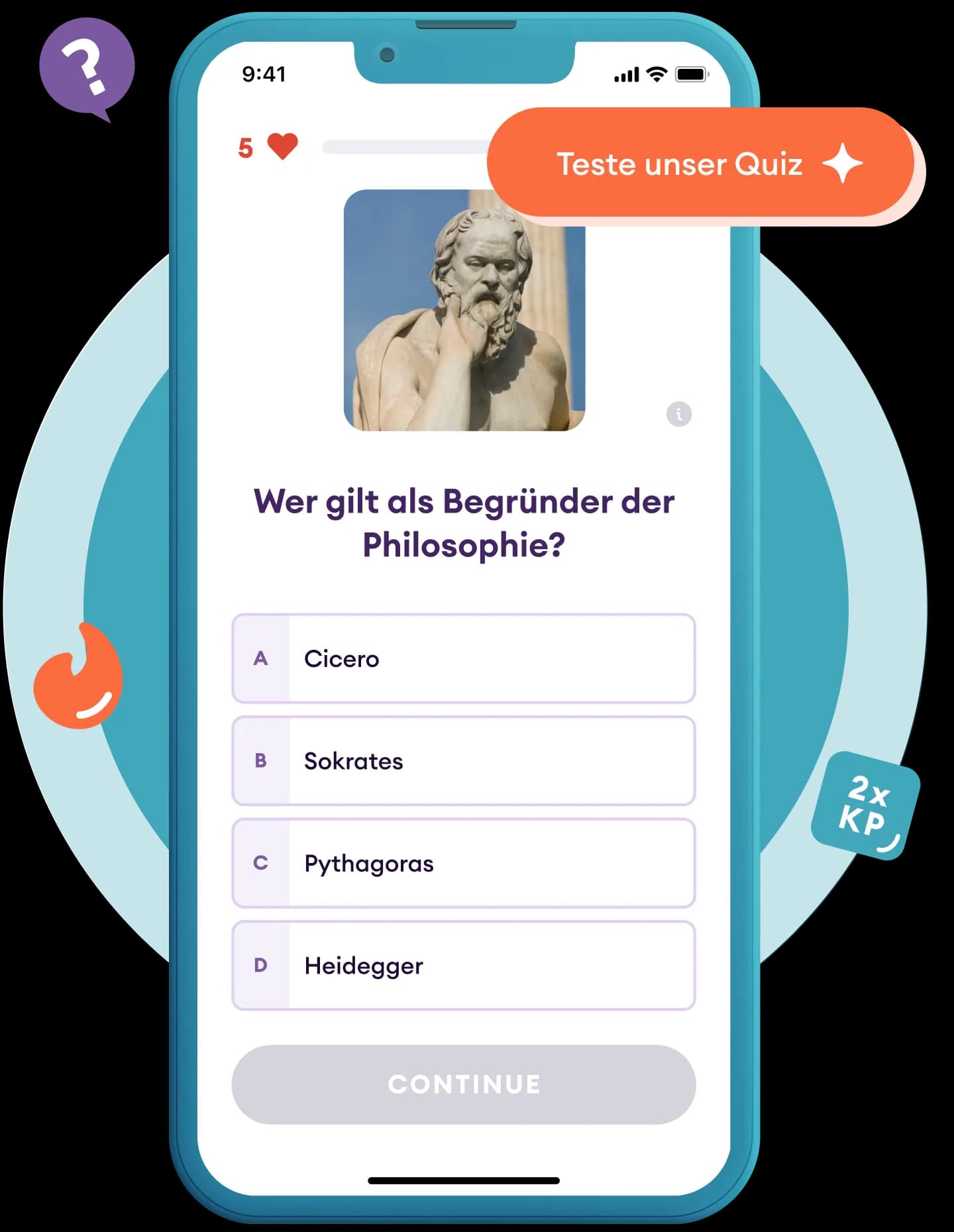 Mobilbildschirm zeigt eine Quizfrage in der Yuno-App über den Begründer der Philosophie mit Multiple-Choice-Antworten