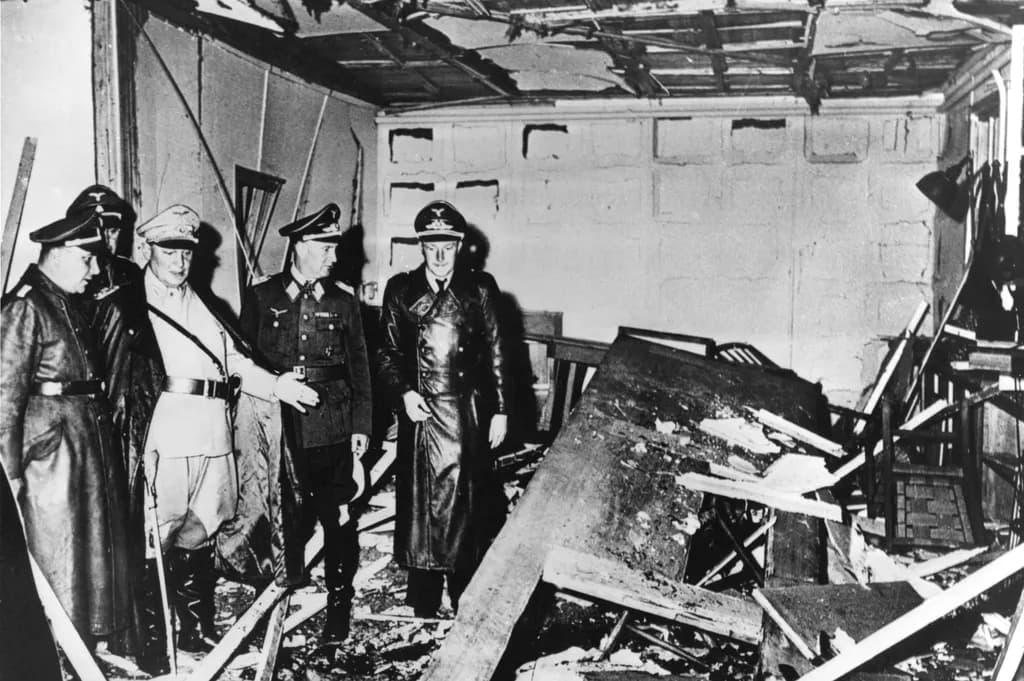 Widerstand im 3. Reich: Das Attentat vom 20. Juli 1944. Hermann Göring und Martin Bormann besichtigen das Führerhauptquartier nach dem Attentat.