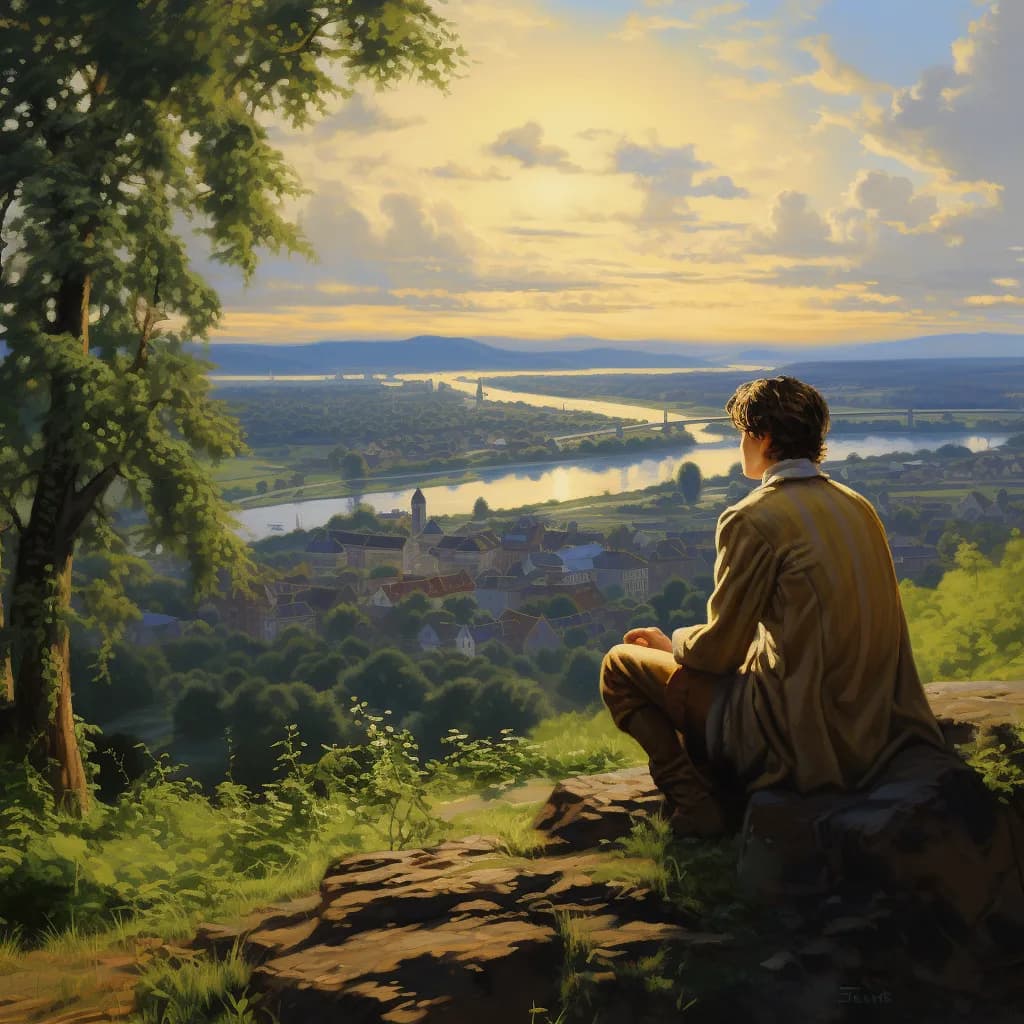Das Bild zeigt eine junge Person, die auf einem Felsen sitzt und über eine ländliche Landschaft mit einem Fluss und einer Stadt im Sonnenuntergang blickt, was thematisch zu Beethovens 6. Sinfonie, der Pastorale, passen könnte.