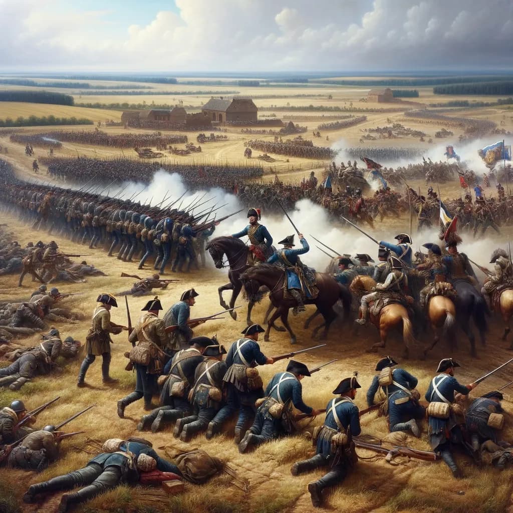 Das Bild zeigt eine Szene aus dem Deutsch-Dänischen Krieg mit kämpfenden Soldaten und Kavallerie auf einem offenen Feld. Zu sehen sind Infanterieeinheiten in Formation, berittene Truppen im Gefecht und mehrere am Boden liegende gefallene Kämpfer.