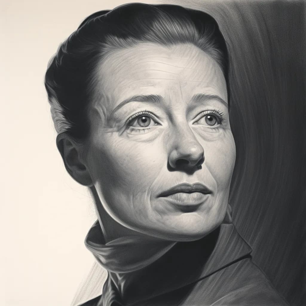 Das Bild zeigt das Porträt einer Frau, die nachdenklich in die Ferne blickt, mit einer ernsten und gefassten Miene. Ihr Haar ist streng zurückgekämmt und sie trägt einen hohen Kragen, was an die Darstellung von Simone de Beauvoir in Bezug auf ihr Werk "Eine gebrochene Frau" erinnert.
