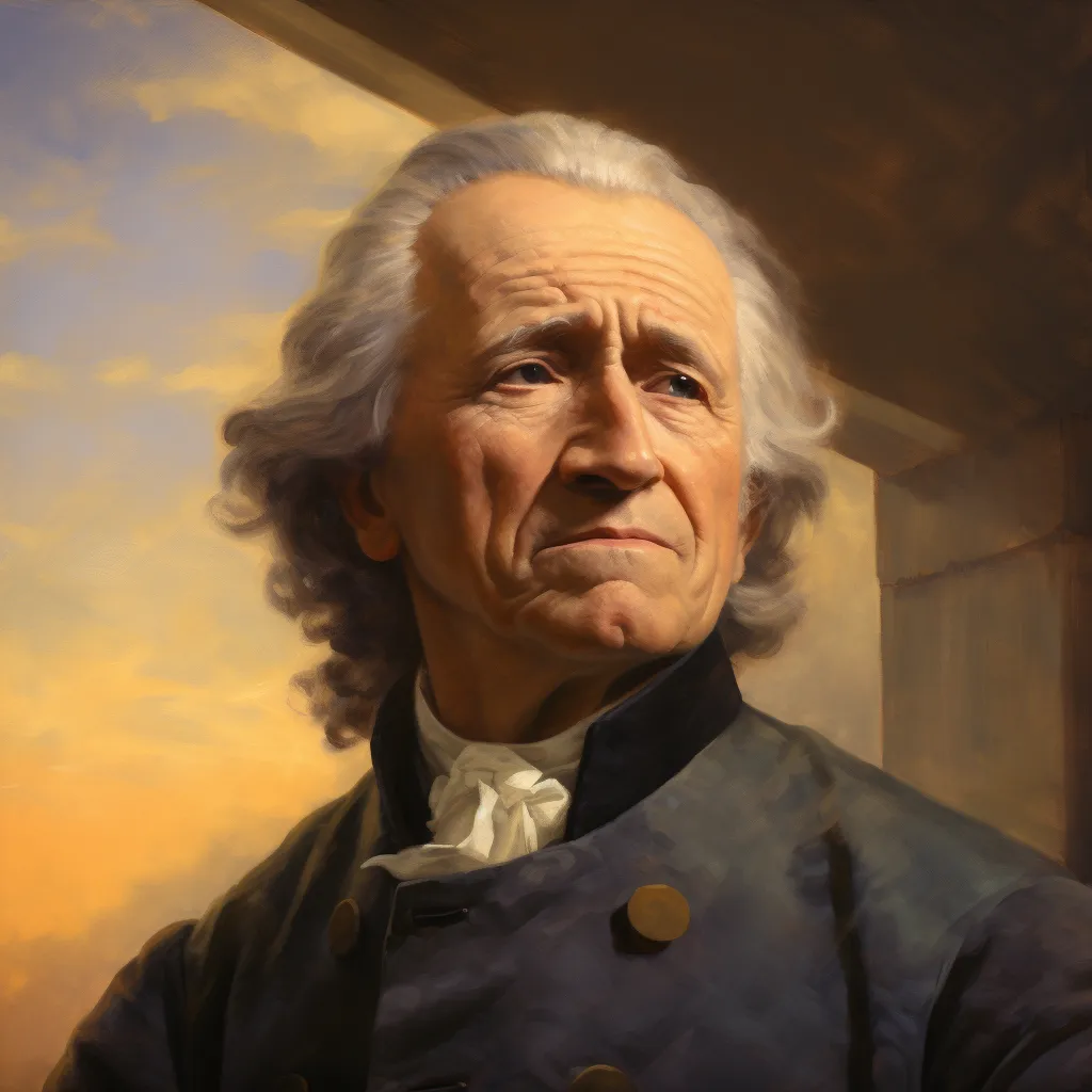 Das Bild ist ein Porträt von Johann Wolfgang von Goethe, erkennbar an seiner markanten Gesichtsstruktur und der typischen Frisur seiner Zeit. Er trägt eine dunkle Jacke mit großen Knöpfen und ein weißes Halstuch, sein Blick ist nachdenklich und in die Ferne gerichtet.
