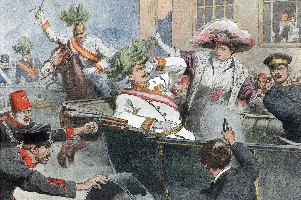 Gavrilo Princip erschießt Erzherzog Franz Ferdinand und dessen Frau. (Nachempfundene Illustration von Achille Beltrame in der italienischen Zeitung La Domenica del Corriere am 12. Juli 1914), allerdings saß Franz Ferdinand hinten links, seine Gattin auf der rechten Seite.
