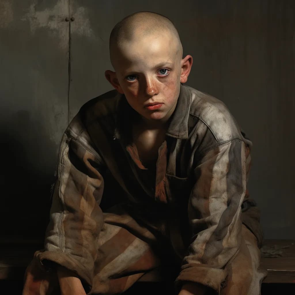 Das Bild zeigt einen jungen, kahlköpfigen Jungen in schmutziger, gestreifter Kleidung, der traurig und nachdenklich wirkt. Er sitzt in einem dunklen Raum, was an die bedrückende Stimmung des Films "Der Junge im gestreiften Pyjama" erinnert.