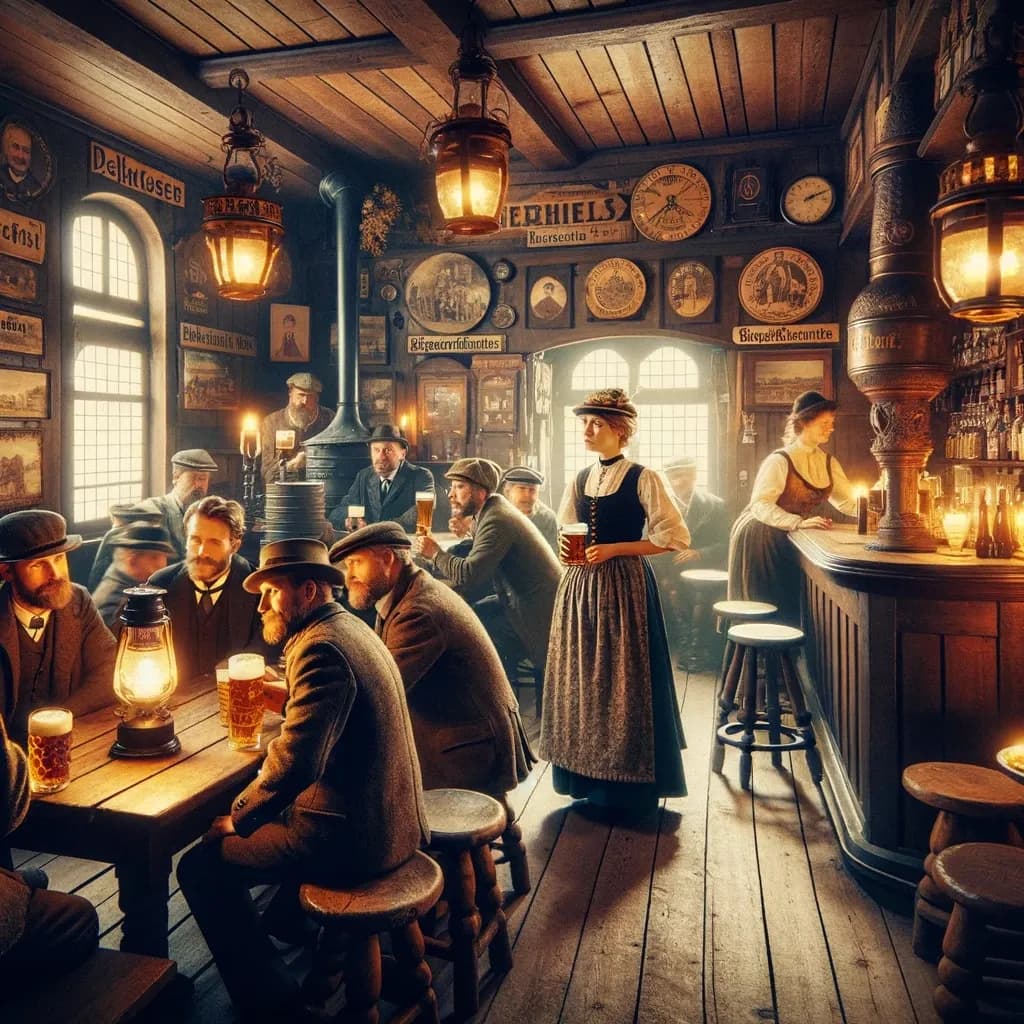 Das Bild zeigt eine Szene in einer traditionellen Gaststätte, mit Personen in historischer Kleidung, die bei Kerzenlicht sitzen und sich unterhalten. Eine Bedienung in zeitgenössischem Gewand steht mit einem Bierkrug in der Hand, während eine andere hinter dem Tresen arbeitet.