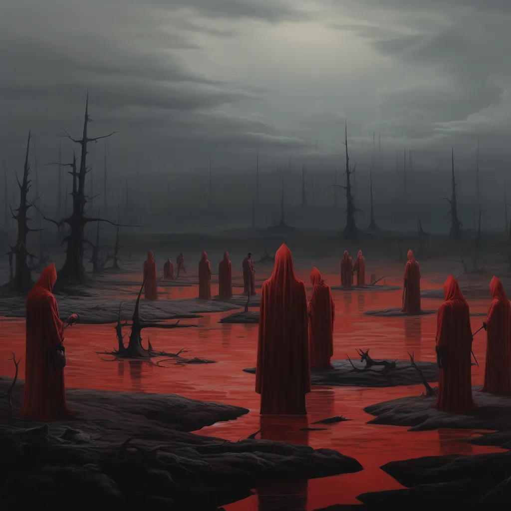 Das Bild zeigt eine düstere Szenerie mit Figuren in roten Umhängen, die in einer unwirtlichen Landschaft mit toten Bäumen und einem rot gefärbten Fluss stehen. Die Atmosphäre ist nebelig und gibt dem Ganzen einen mysteriösen oder okkulten Anstrich.