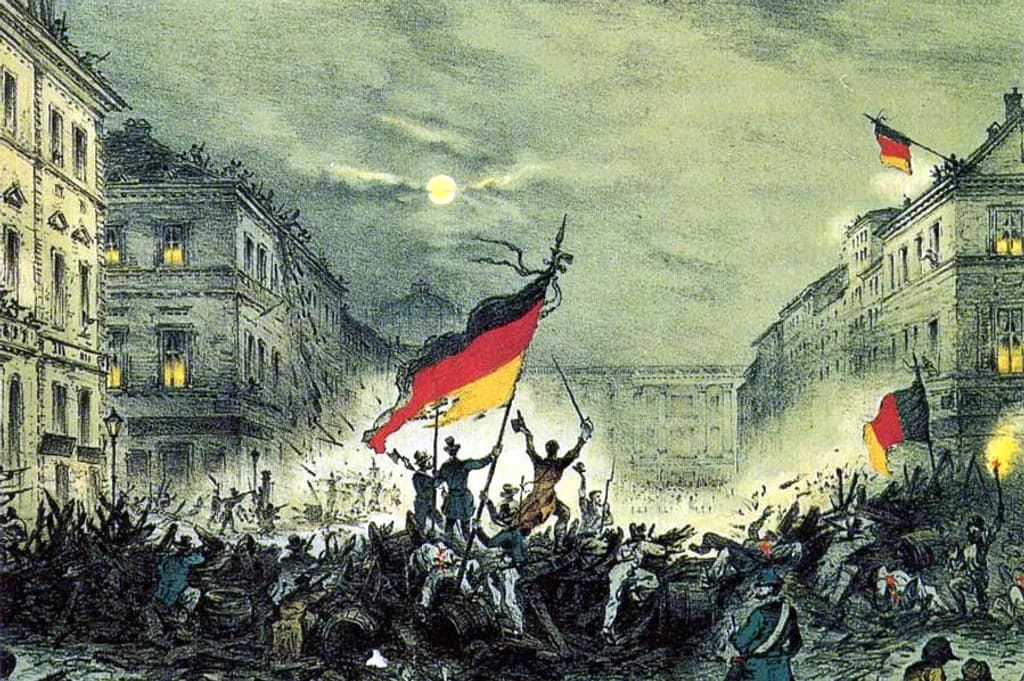 Jubelnde Revolutionäre nach Barrikadenkämpfen am 18. März 1848 in der Breiten Straße in Berlin