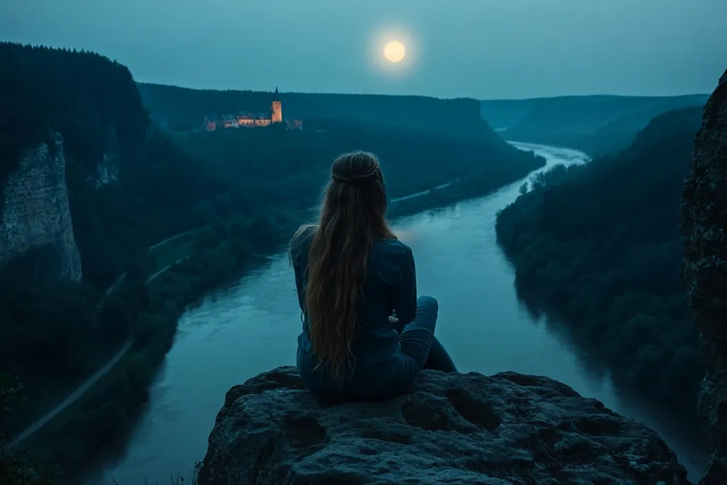 Das Bild zeigt eine Frau mit langem, welligem Haar, die auf einem Felsen sitzt, in einer Pose, die an die Sagengestalt der Loreley erinnern könnte. Sie blickt in die Ferne über eine nächtliche Flusslandschaft, die von einem hellen Mond beleuchtet wird, während im Hintergrund eine Burg auf einem Berg zu sehen ist. --ar 3:2
