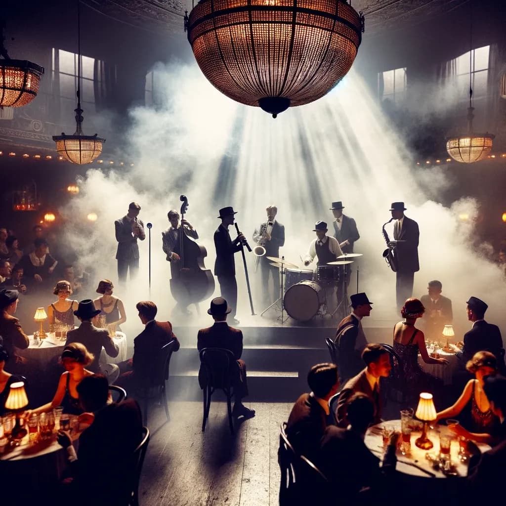 Das Bild zeigt eine Szene, die an die Goldenen Zwanziger Jahre erinnert, mit einer Band auf der Bühne und elegant gekleideten Gästen in einem Club. Lichtstrahlen durchdringen den rauchigen Raum, während das Publikum die Live-Musik genießt.