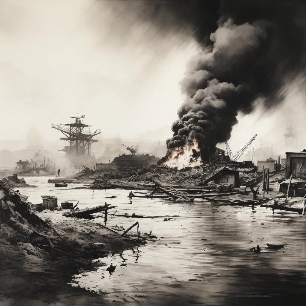 Das Bild zeigt Pearl Harbor, einen Hafen, nach einem Angriff mit dichtem Rauch, der von brennenden Schiffen und vom Hafen aufsteigt. Zerstörte Schiffe und Trümmer sind im Wasser sichtbar, und Baukräne stehen im Hintergrund.