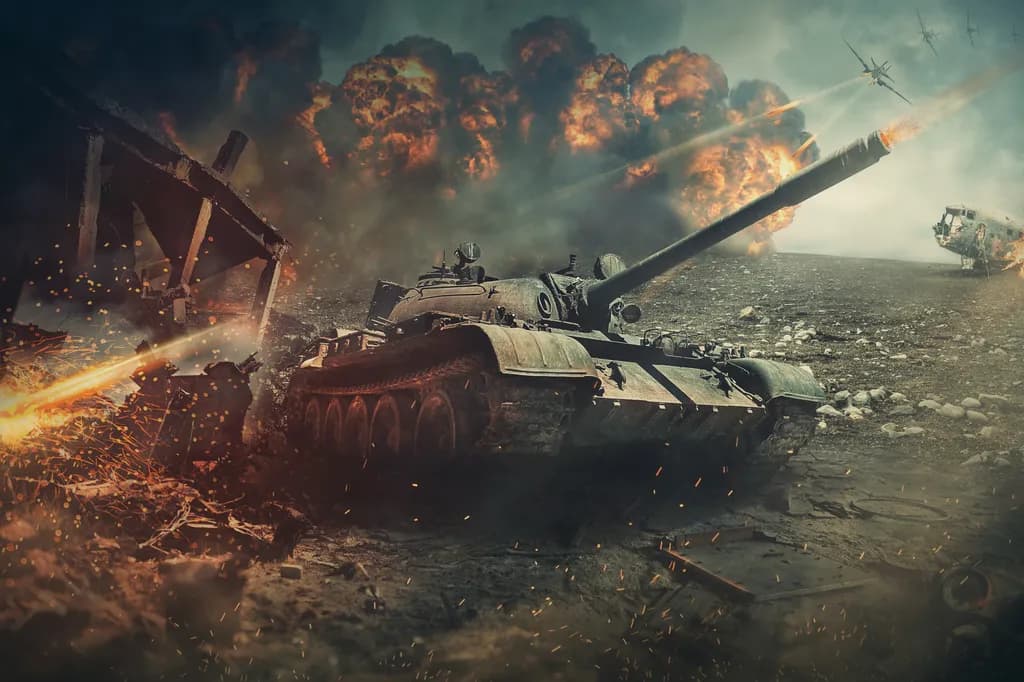 Gefechtsfeldaktionen, verschiedene Militärkriegsschiffe feuern. Kampfjets greifen einen Panzer als Verteidigungsmission an. Explosion und Zerstörung durch Krieg. Armeekämpfe, Artillerie-Waffen-Konflikt.