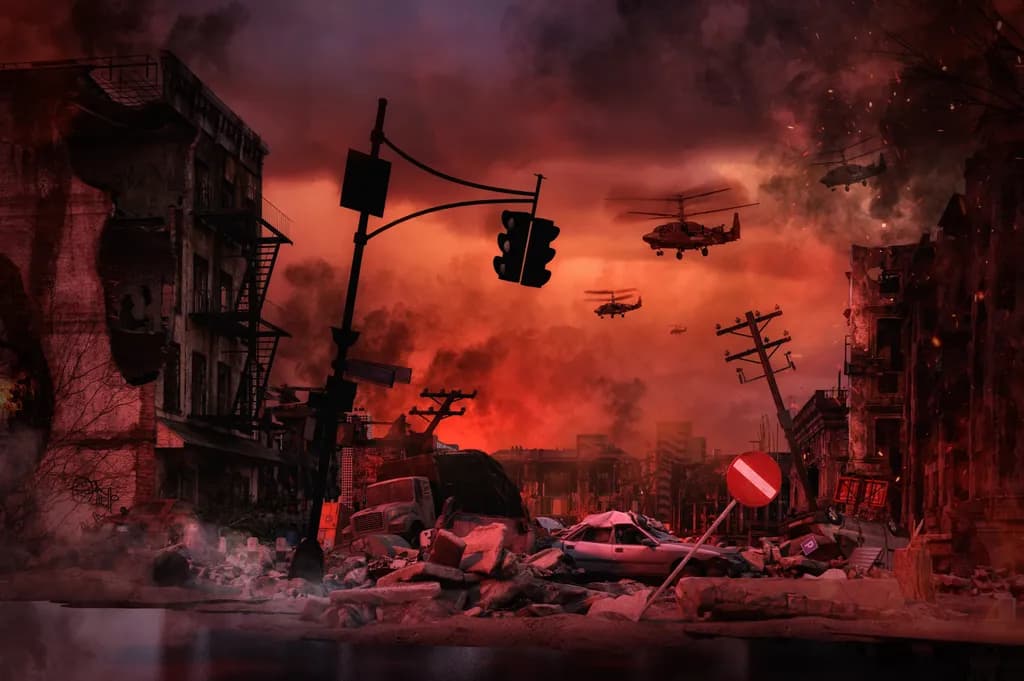 Ruinierte ukrainische Stadt. Russische Streitkräfte umgaben die Ukraine, feuerten Raketen auf Städte und militärische Ziele. Militärische Intervention, Kriegskrise. Die russischen Truppen marschieren in die Ukraine