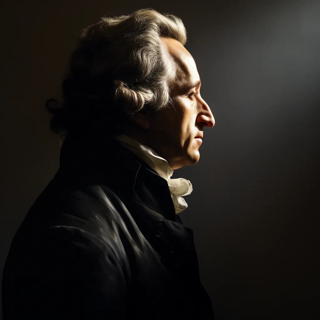 Johann Wolfgang von Goethe's somber profile portrait, chiaroscuro technique in oil, the stark interplay of light and shadow on his features, a monochromatic color palette focusing on the gradations of black and white to reflect the depth of his character, a full-body portrait with a 85mm lens to capture the dignified stature of the writer.