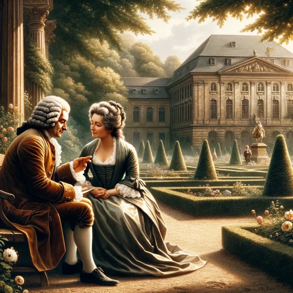 Das Bild zeigt zwei Personen in barocker Kleidung, die sich auf einer Gartenbank vor einer Kulisse sitzend unterhalten, die an die Zeit von Johann Sebastian Bachs "Toccata und Fuge in d-Moll" erinnert. Die Szene könnte eine Aufführung dieses musikalischen Werks in der Umgebung eines barocken Schlosses darstellen, wobei die ruhige Unterhaltung im Vordergrund steht.