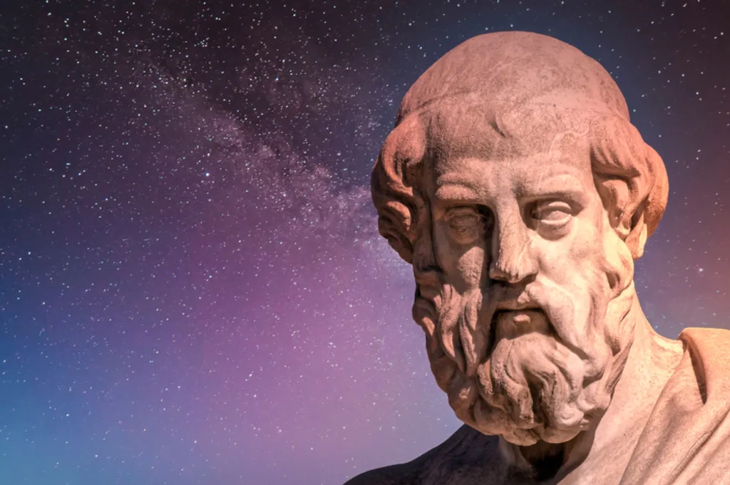 Plato, der alte griechische Philosoph und Denker unter Sternenhimmel, 