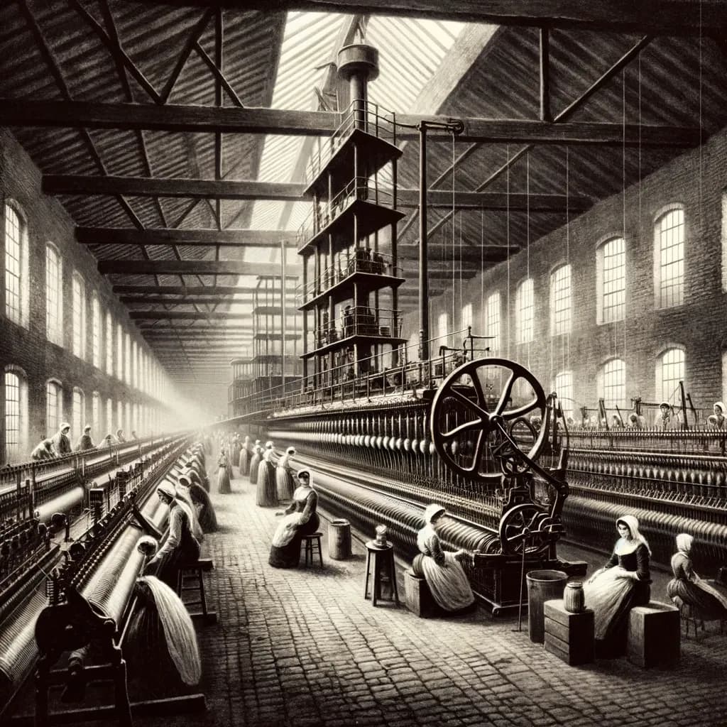 Das Bild zeigt eine historische Darstellung einer Textilfabrik mit mehreren Webmaschinen und arbeitenden Personen. Die Maschinen sind lang und reihen sich parallel zueinander auf, während Männer und Frauen bei der Arbeit an den Webstühlen zu sehen sind.