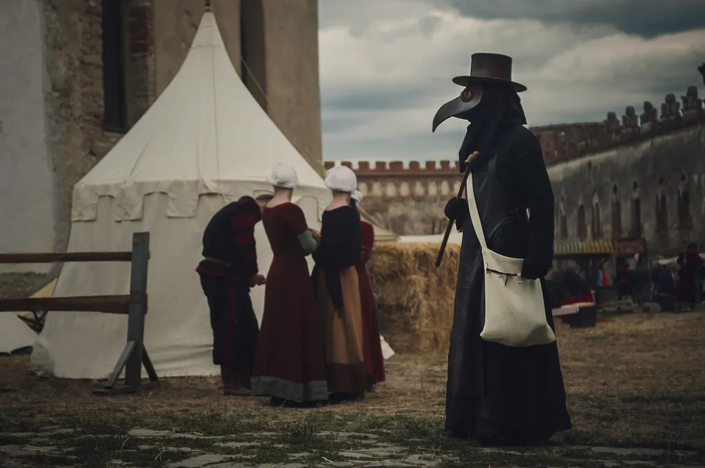 Eine künstlerische Rekonstruktion der historischen Szene. Pestärztin in mittelalterlicher Altstadt. Schloss und Epidemie