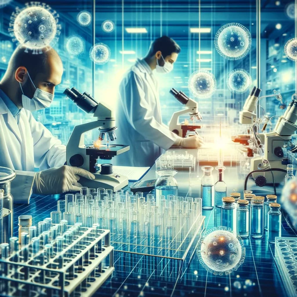 Das Bild zeigt zwei Wissenschaftler, die in einem modernen Labor an Mikroskopen arbeiten, umgeben von zahlreichen Reagenzgläsern und medizinischen Proben. Über der Szene schweben visualisierte Darstellungen von Viren, was den Fokus auf Forschung im Bereich der Immunologie und Impfstoffentwicklung legt.