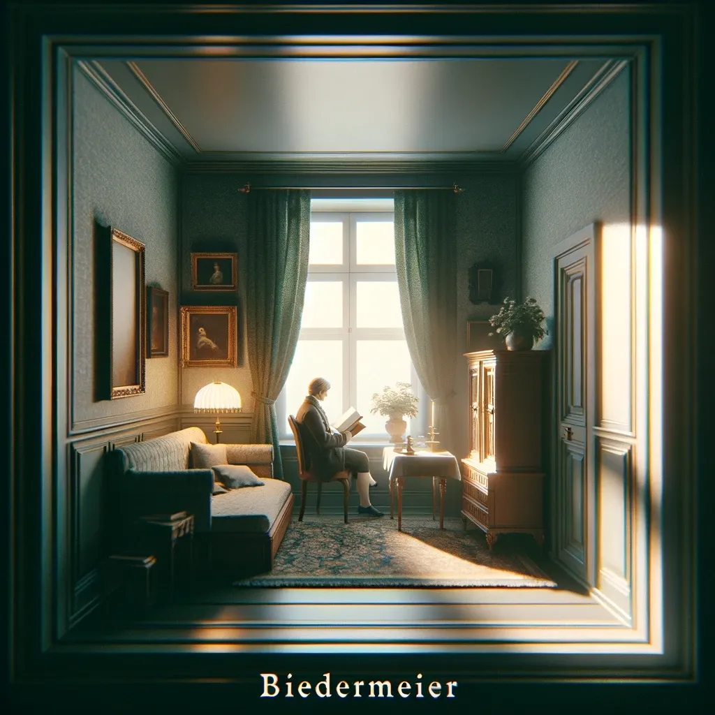 Das Bild zeigt ein Interieur im Biedermeierstil mit einer Person, die in einem Sessel nahe eines Fensters sitzt und liest. Der Raum ist mit einem Sofa, einem Tisch, Pflanzen und gerahmten Bildern an der Wand eingerichtet.