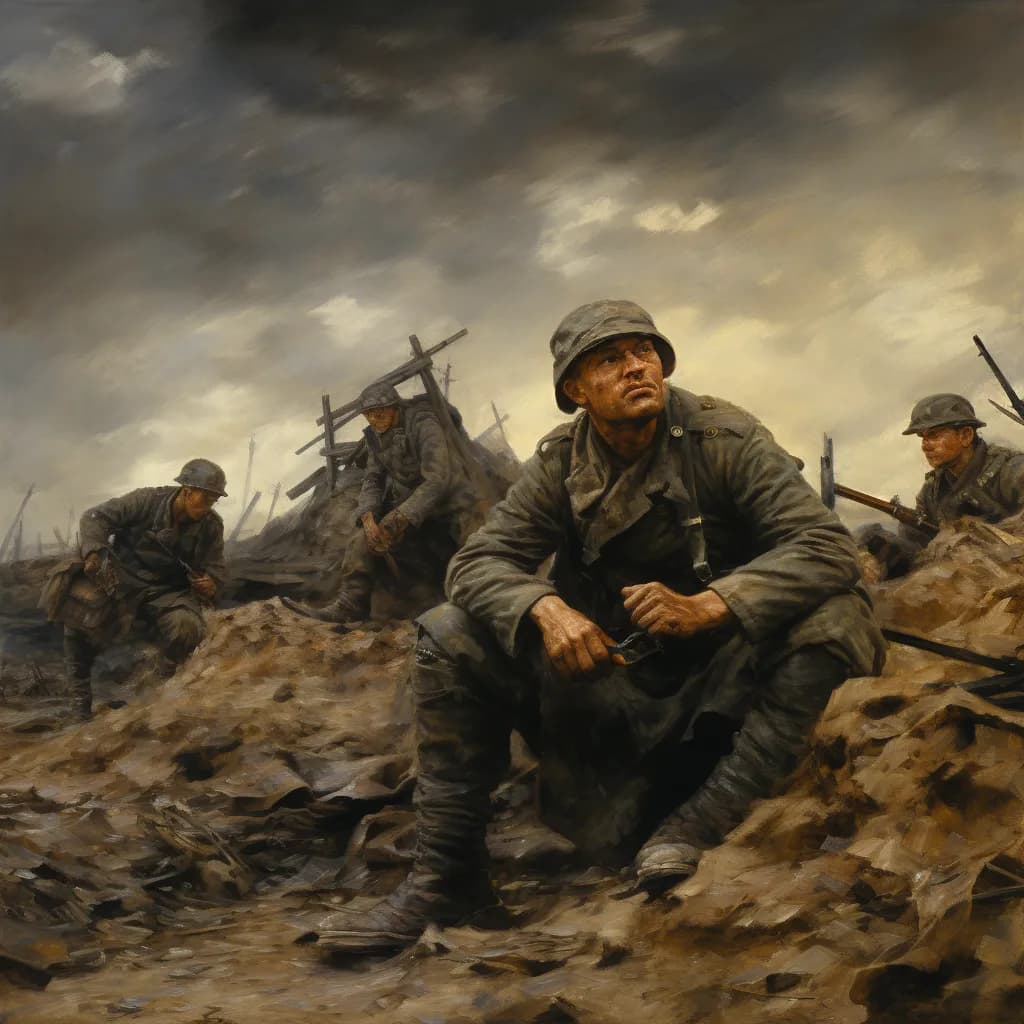 Battle-weary soldiers entrenched along the Western Front, oil on canvas, dim ambient lighting from a cloudy sky, muted earth tones with hints of muddy greens and browns, a wide-angle lens to capture the expanse of the battlefield and the cramped conditions of the trenches.