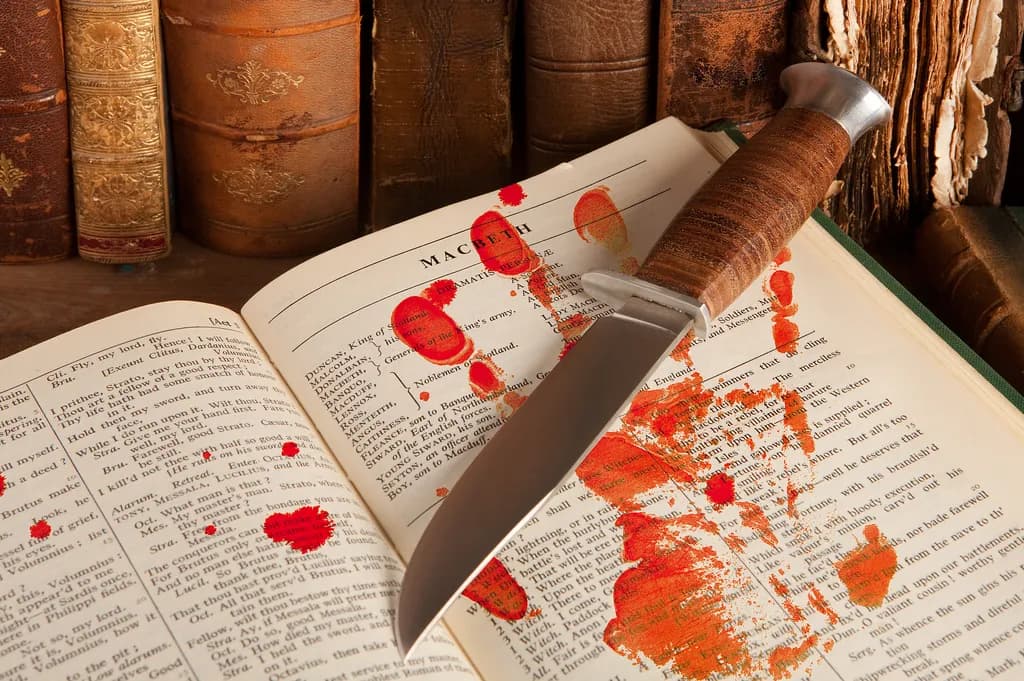 Shakespeares Macbeth mit alten Büchern und einer blutreichen Hand