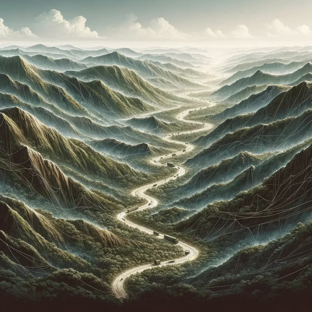 Das Bild zeigt eine hügelige Landschaft, die durch eine kurvenreiche Straße geteilt wird, was symbolisch für die Teilung der Seiten im Vietnamkrieg stehen könnte. Die Szenerie ist von Bergen dominiert und in sanftes Licht getaucht, das eine friedliche Atmosphäre erzeugt.
