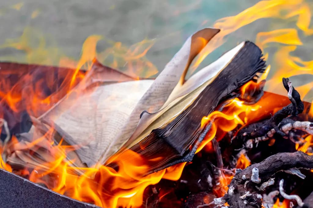 Das Buch brennt auf einem hellen Feuer. Brennbuch