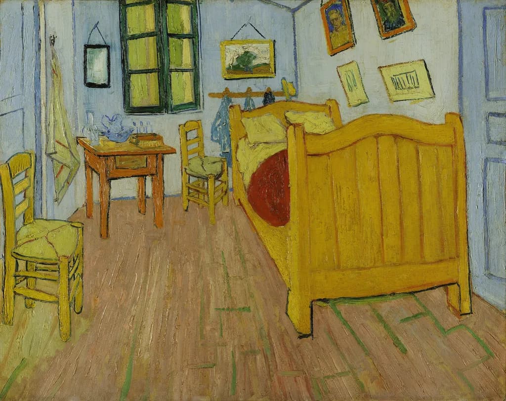 Schlafzimmer in Arles (erste Fassung, 1888). Öl auf Leinwand, 72 × 90 cm (28,3 × 35,4 in). Van Gogh Museum, Amsterdam