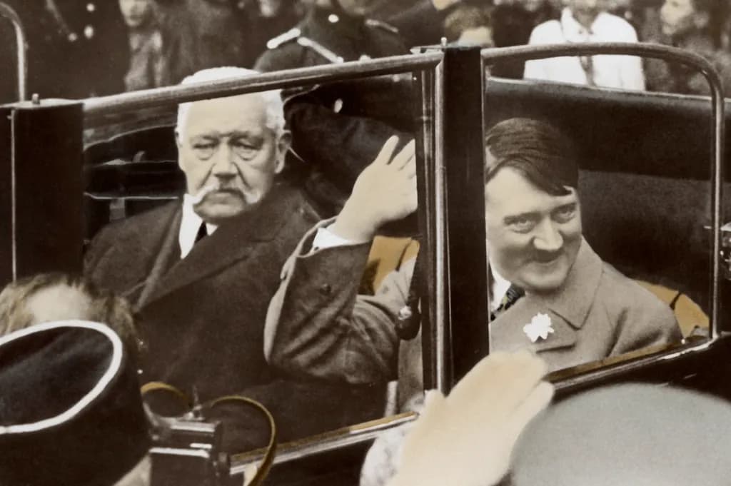 Berlin, 1. Mai 1933. Feiertag der nationalen Arbeit. Kundgebung der Jugend im Lustgarten vor dem Berliner Stadtschloß. Hitler und Reichspräsident P. v. Hindenburg im offenen Wagen, auf der Fahrt zum Lustgarten.
