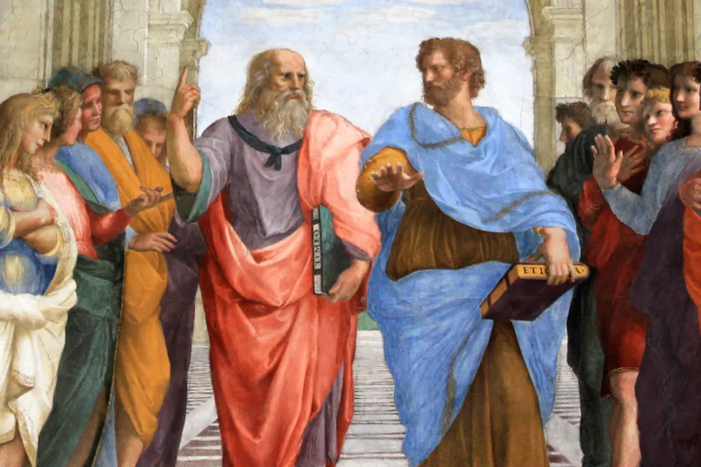 Platon und Aristoteles gehen und streiten. Ausschnitt aus Raffaels Die Schule von Athen (1509–1511)