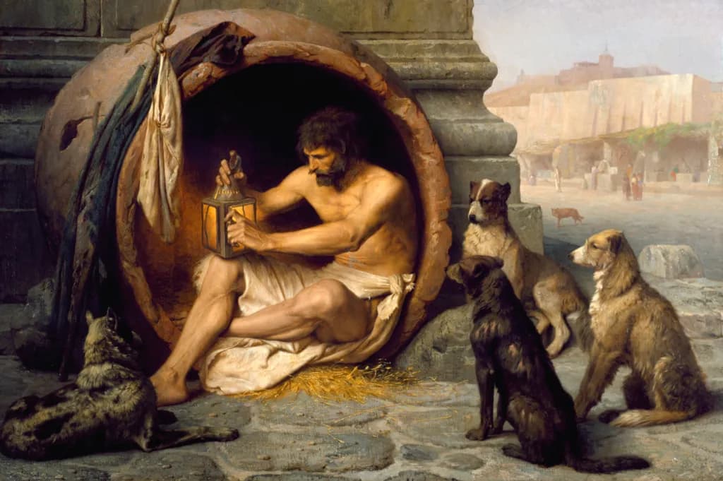 Der griechische Philosoph Diogenes (404-323 v. Chr.) sitzt in seiner Behausung, einem Pithos, in der Metroon, Athen. Seine Begleiter waren Hunde, die auch als Symbole seiner "Zyniker" (Griechisch: "Kynikos," Hundeähnliche) Philosophie dienten.