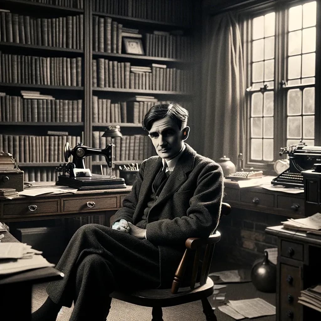 John Maynard Keynes in in office with crossed legs looking past the camera. Imitating a black and white pictures