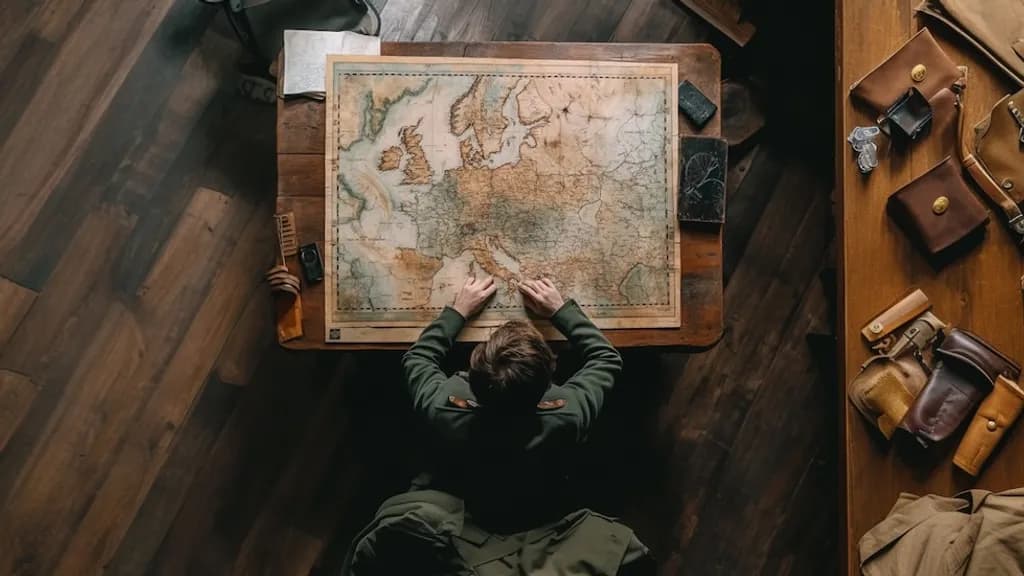 Auf dem Bild ist eine Person zu sehen, die an einem Tisch sitzt und auf eine große militärische Karte schaut, die den Schlieffen-Plan darstellt. Um die Karte herum sind verschiedene militärische Spielsteine und Notizen angeordnet