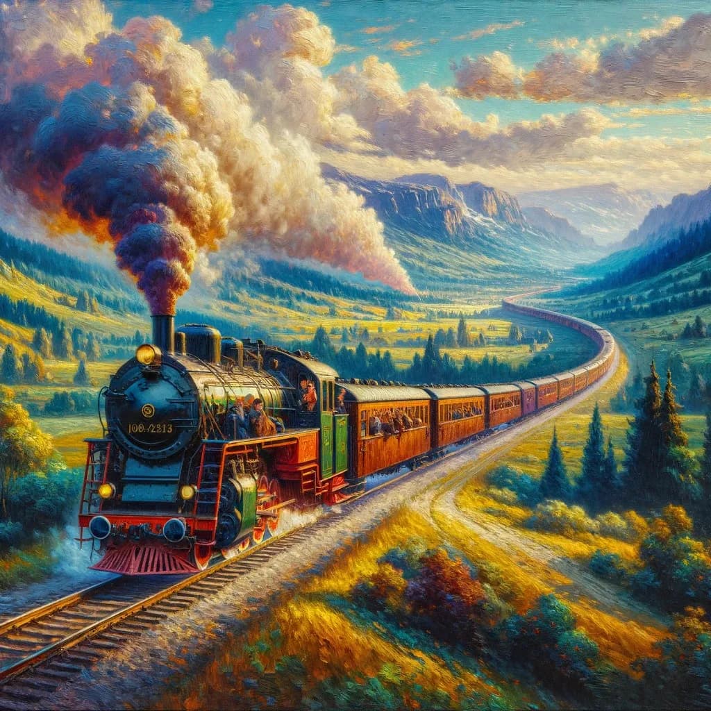 Das Bild zeigt eine Dampflokomotive, die einen Zug durch eine hügelige Landschaft zieht, was die Ära der Eisenbahnerfindung darstellt. Dichter Rauch steigt aus dem Schornstein der Lokomotive auf, während der Zug eine Kurve entlang des bewaldeten Tals nimmt.