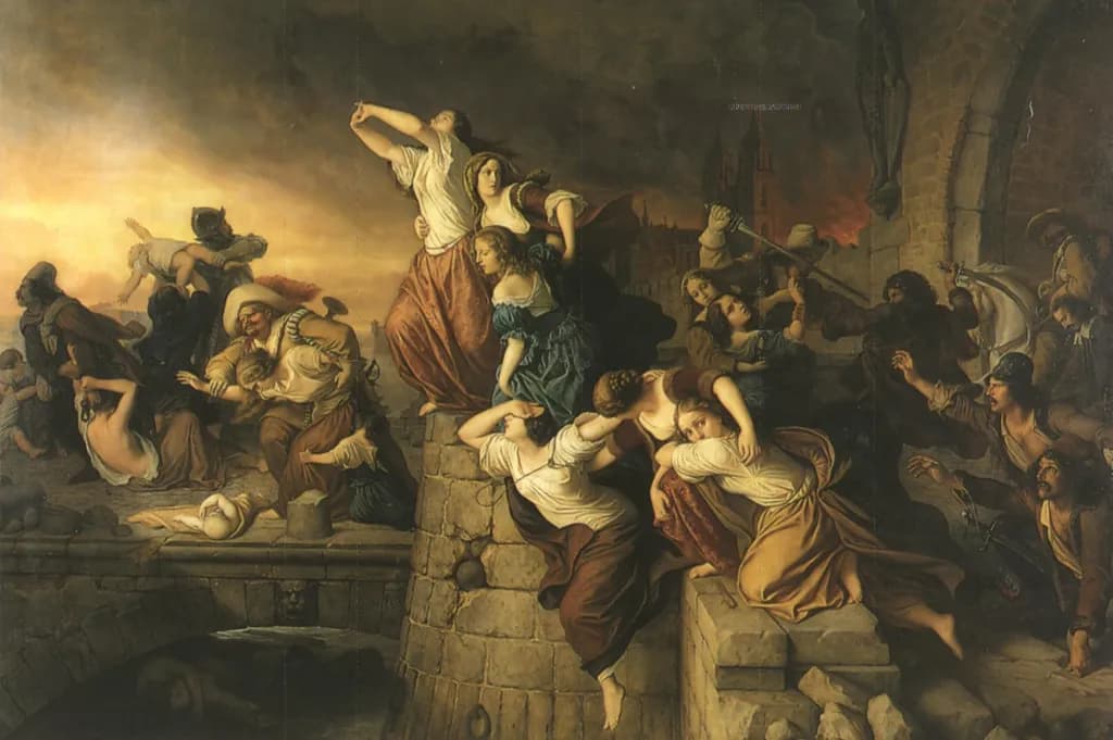 Die Plünderung Magdeburgs (Die Magdeburger Jungfrauen), Historiengemälde von Eduard Steinbrück, 1866