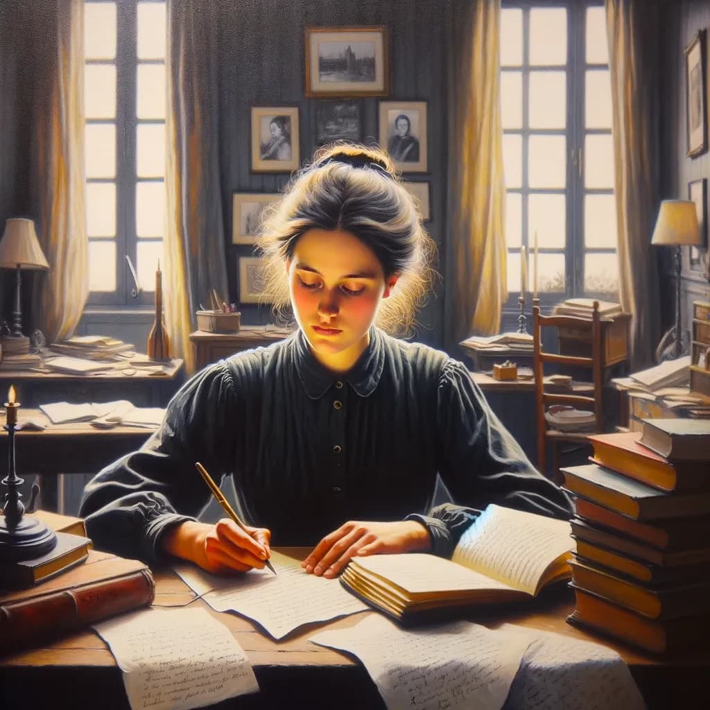 Das Bild zeigt eine Frau in einem dunklen Kleid, die an einem Schreibtisch in einem mit Büchern und Dokumenten gefüllten Raum schreibt. Das Licht fällt durch das Fenster herein und beleuchtet ihr Gesicht und den Schreibtisch, was an Simone de Beauvoir erinnern könnte, die in ihrer Arbeitsumgebung vertieft ist.
