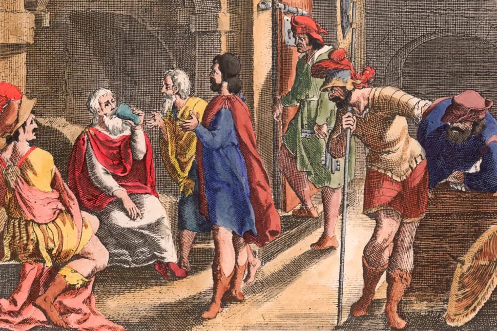 “Socratis Abschied”( Sokrates trinkt den Schierlingsbecher). Kupferstich von Matthäus Merian d. Ä.(1593–1650). Aus: Johann Ludwig Gottfried, Historische Chronica, Frankfurt a. M. (M.Merian) 1630, S. 143; spätere Kolorierung.