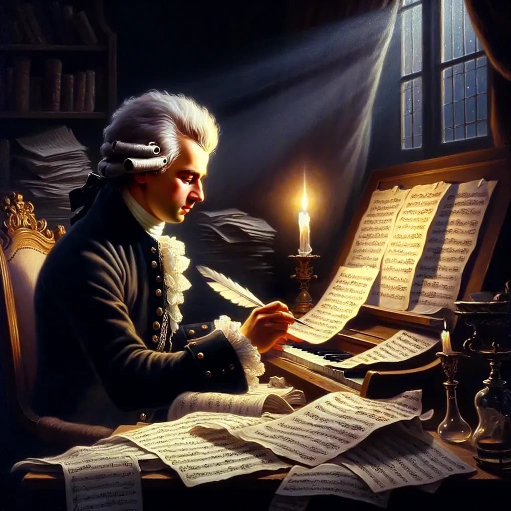 Das Bild zeigt eine Illustration von Ludwig van Beethoven auf dem Sterbebett, umgeben von Kerzenlicht. Er liegt in einem dunklen Raum, und ein geöffneter Flügel steht neben dem Bett.