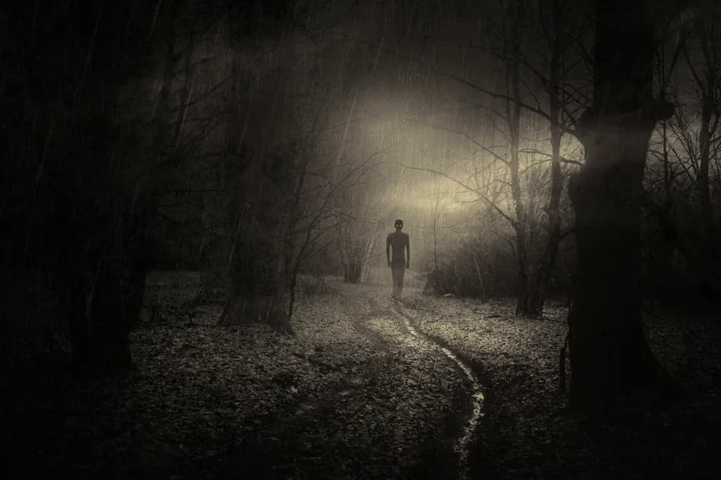 dunkelbeängstigende Erscheinung im geheimnisvollen Wald, Horrorlandschaft