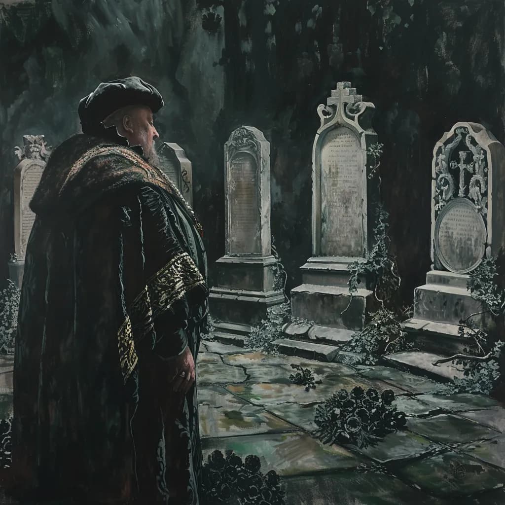 Henry VIII standing solemnly in the center, surrounded by six solemn stone memorials for each of his wives, oil painting, soft, ethereal lighting highlighting the sorrowful expression on Henry's face, a muted color palette of greys and dark greens, close-up shot with a 50mm lens capturing the emotional weight of the scene