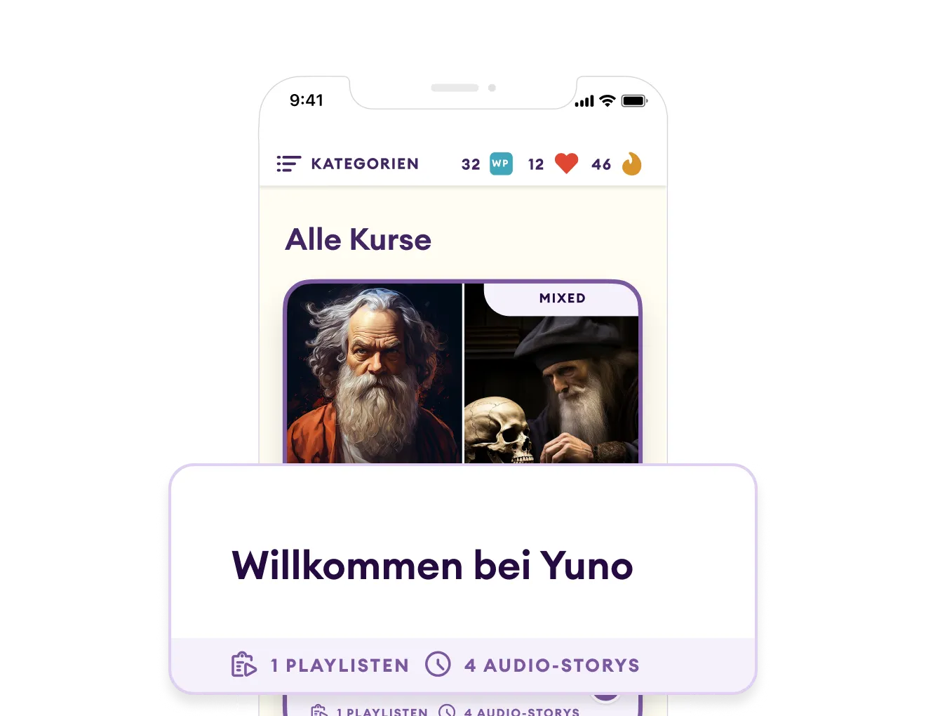 Mobile App-Schnittstelle zeigt die Kursübersicht mit dem Begrüßungstext 'Willkommen bei Yuno' und einer Playlist mit Audio-Stories