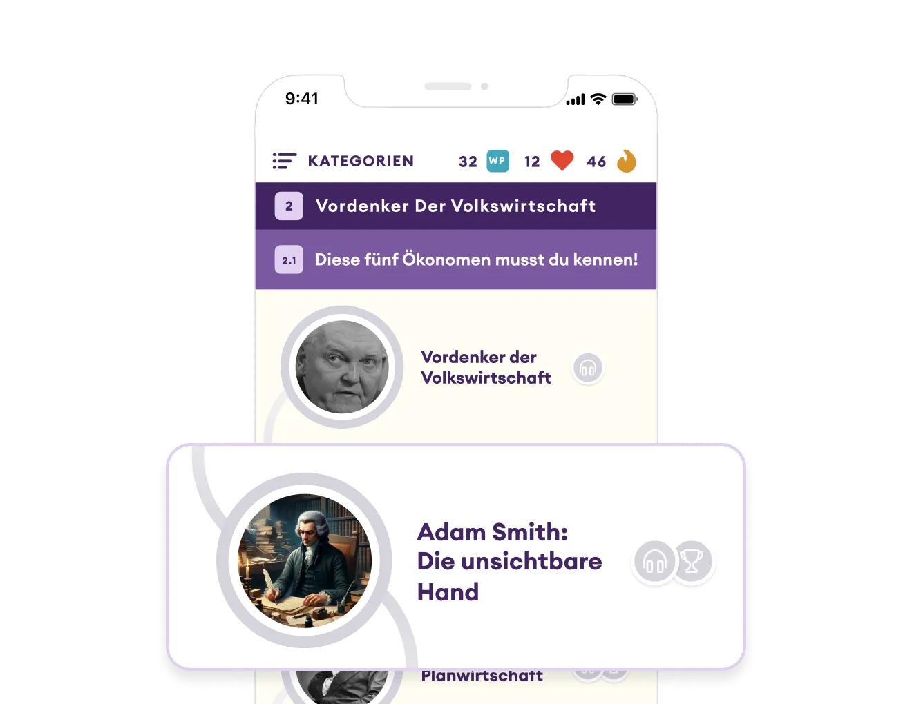 Mobile App-Schnittstelle zeigt einen Kurs über Wirtschaftsvordenker mit dem Thema 'Adam Smith: Die unsichtbare Hand'